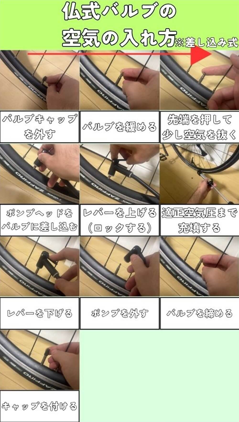 バルブキャップを外す
バルブを緩める
先端を押して少し空気を抜く
ポンプヘッドをバルブに差し込む
レバーを上げる(ロックする)
適正空気圧まで充填する
レバーを下げる
ポンプを外す
バルブを締める
キャップを付ける