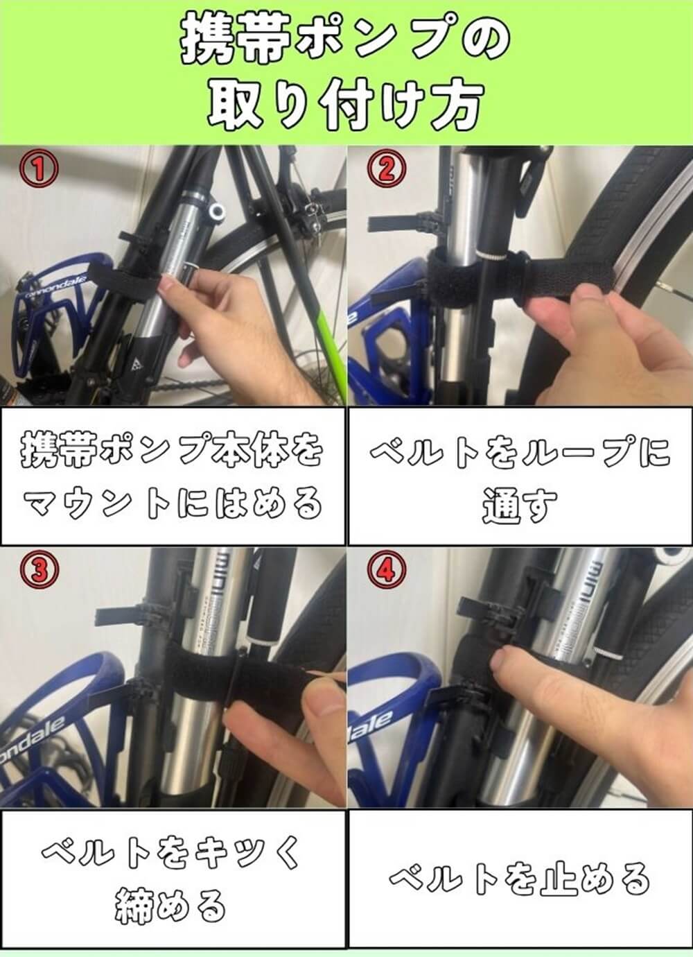 携帯ポンプ本体をマウントにはめる
ベルトをループに通す
ベルトをきつく締める
ベルトを止める
